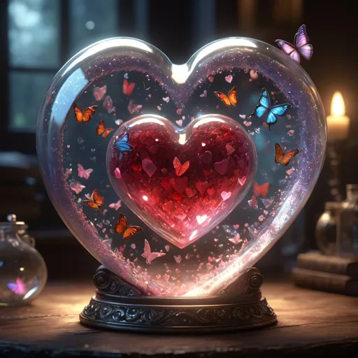 Prompt: insanely detailed gorgeous Glass_Heart with a magical_glowing_liquid inside surrounded_by fairy dust, Butterflies, Hearts, Love energy, :: in the style of Alice_in_Wonderland, :: Perfect_proportions, a masterpiece, 8k_resolution, dark_fantasy_concept_art, by Greg_Rutkowski, dynamic_lighting, Hyperrealistic, intricately_detailed, Splash screen art, trending on Artstation, deep_color, Unreal_Engine, volumetric lighting,