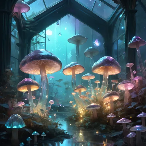 Prompt: A beautiful bioluminescent sparkling crystal pastel greenhouse full with crystalline pastel mushrooms and fireflies and crystals, by Craig Mullins, Destin Sparks, Raymond Swanland, Justin Minns, Ismail Inceoglu, Behance HD, Artstation, Deviantart, minimalistic touch of gold decorations, 8k resolution, incredible abstract composition, deep colors