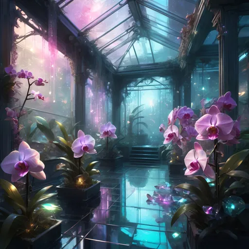 Prompt: A beautiful bioluminescent sparkling crystal pastel greenhouse full with crystalline pastel orchids and fireflies and crystals, by Craig Mullins, Destin Sparks, Raymond Swanland, Justin Minns, Ismail Inceoglu, Behance HD, Artstation, Deviantart, minimalistic touch of gold decorations, 8k resolution, incredible abstract composition, deep colors