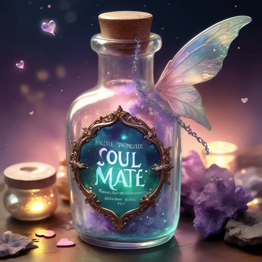 Prompt: insanely detailed gorgeous fairy potion bottle with a magical glowing liquid inside and a fantasy_label_that_says "Soul_Mate" surrounded by fairy dust and other magical things, Hearts, Love energy, Stylized watercolor, iridescent, Fantastical, Intricate, Fantasycore, Scenic, Hyperdetailed, Royo, Bagshaw, Chevrier, Ferri, Kaluta, Minguez, glowing edges, beautiful pastel colors, Mucha, Cina. Cinematic, WLOP, 24k