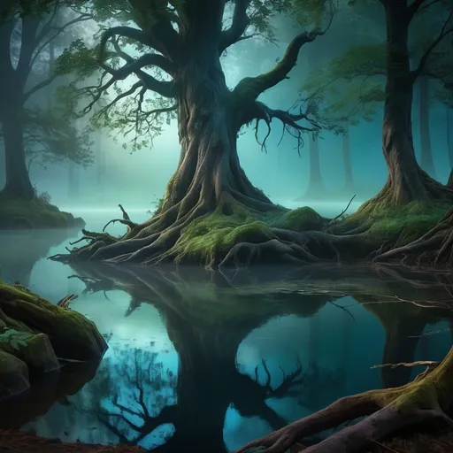 Prompt: (mysterious forest next to a lake), mystical atmosphere, ethereal lighting, deep shadows and highlights, luminous fog, vibrant greens and blues, soft moonlight glow, dark and intriguing, ancient trees with twisted roots, serene water reflections, unreal engine, high quality, digital rendering, 4K, ultra-detailed background, rich textures, captivating scenery, immersive environment, trending on artstation