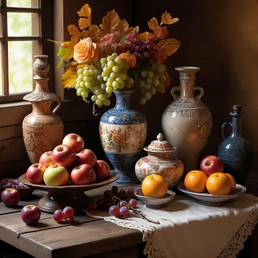 Prompt: still life, vibrant colors, dramatic lighting, warm tones, detailed shadow play, various objects arranged serenely on a rustic wooden table, fresh fruits including apples, oranges, and grapes, antique ceramic vases with flowers, ornate glass bottles, elegant utensils, high-detail textures, serene and contemplative atmosphere, detailed background with soft shadows, ultra-detailed, 4K.