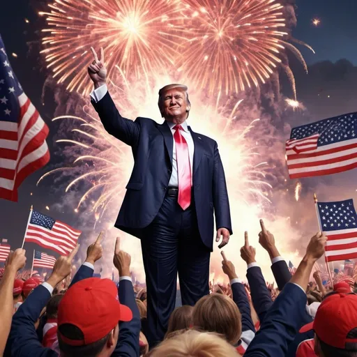 Prompt: (Trump wins presidential elections 2024) as central content, dramatic victory scene, large crowd cheering, Trump holding up a victory sign, fireworks in the background, American flags waving, vibrant and patriotic color palette, intense lighting, celebratory atmosphere, majestic and powerful, photorealistic, ultra-detailed, 4K, ultra-high resolution, breathtaking cinematic scene, intricate details, historic and triumphant moment, award-winning depiction.