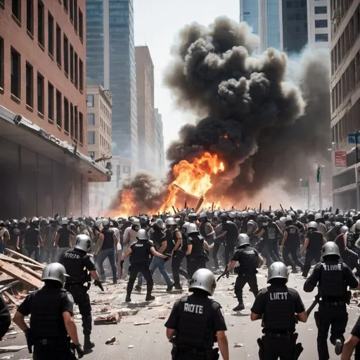 Prompt: rioters destroying city