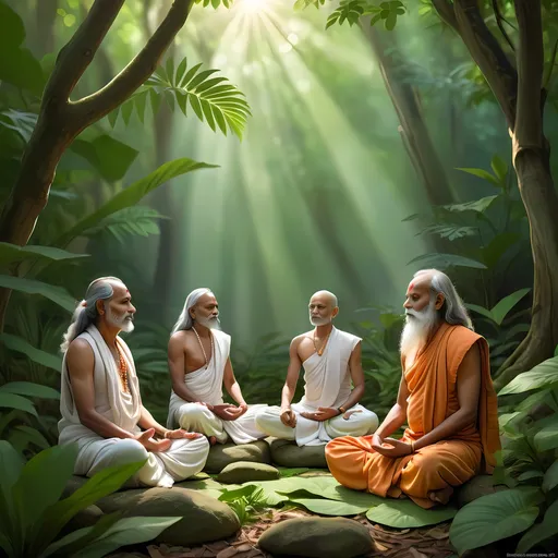 Prompt: A bunch of Hindu sages sit in jungle and doing meditation 