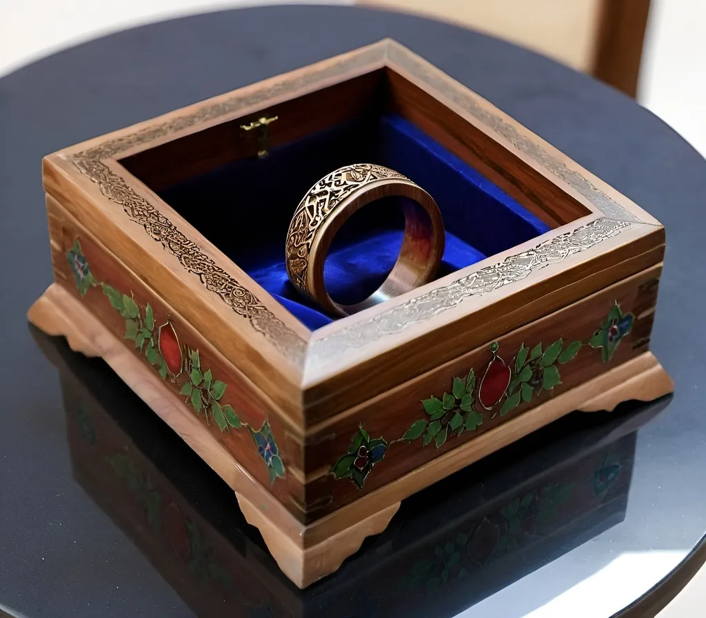 Prompt: A wood box for ring with persian design and put "YALDA RINGS" label on left side of box 