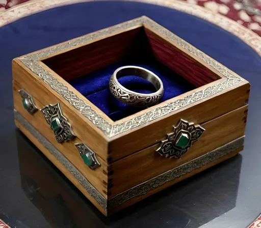 Prompt: A wood box for ring with persian design and put "YALDA SILVER RINGS" label on left side of box 