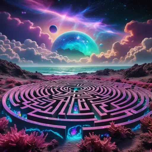Prompt: Dichroic garden maze on alien planet with a sea of stars, nebulae, and clouds in the background.