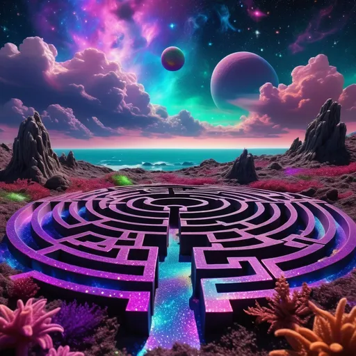 Prompt: Dichroic garden maze on alien planet with a sea of stars, nebulae, and clouds in the background.