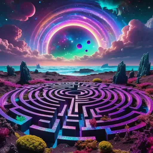 Prompt: Dichroic garden maze on alien planet with a sea of stars, nebulae, and clouds in the background.