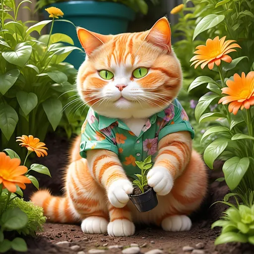 Prompt: یک گربه نارنجی چاق با خز براق و چشمان سبز درخشان، با پیراهن و شلوار کوچک، در باغی پر جنب و جوش زانو زده است. گربه با پوشیدن دستکش‌های کوچک باغبانی، علف‌های هرز را با دقت بیرون می‌کشد. هر چند وقت یکبار مکث می کند تا با دستمال کوچکی که به گردنش بسته شده، عرق خیالی را از پیشانی اش پاک کند. باغ با سرسبزی و گل های شکوفه زنده است، در حالی که خز براق گربه در زیر نور گرم خورشید می درخشد و جذابیت را به صحنه آرام می بخشد