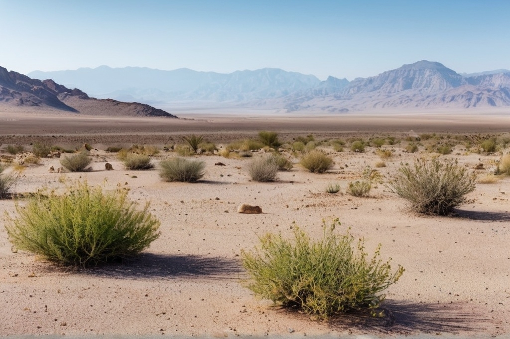 Prompt: Vast desert landscape photograph with rocks, bushes and mountains in the background.