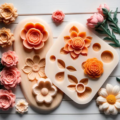 Prompt: Create an image with several handmade silicone molds, on a light wooden table and two flowers behind