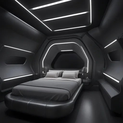 Prompt: Spaceship quarters a dimly lite black metallic room with a single elegant bed.