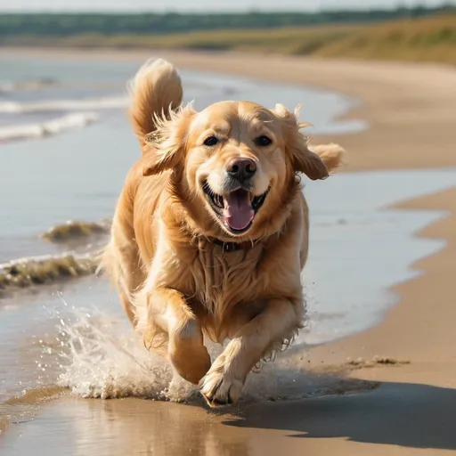 Prompt: We see a  golden retriever dog running on the Belgian beach. It is summer and the sun shines. We see the dog running sideways in close up. Het looks happy. The style is cinematographic photography.