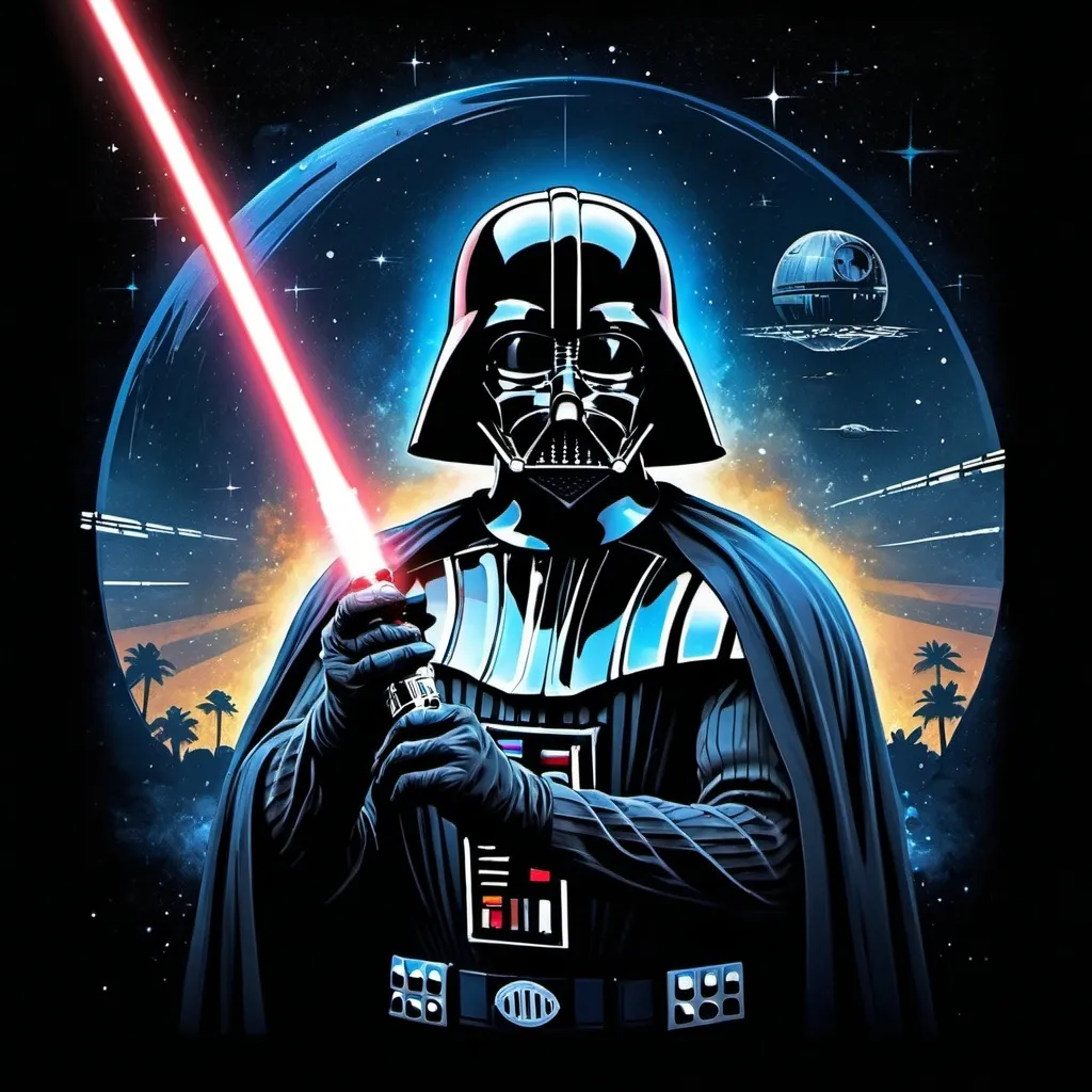 Prompt: for star wars t-shirt design.  background death star and front side darth vader waiting with light saber