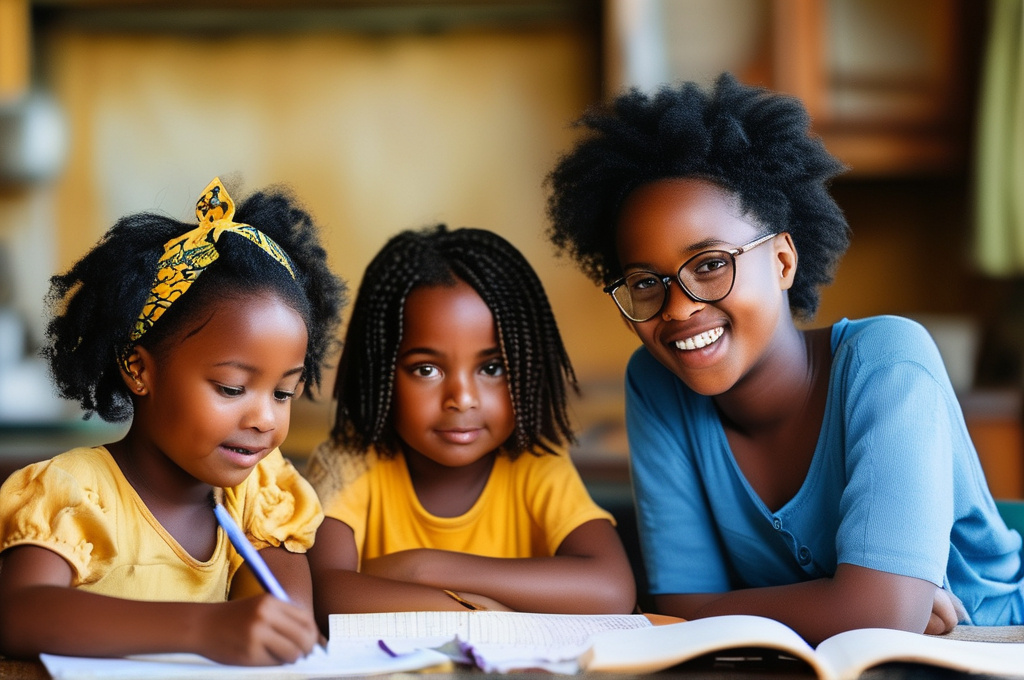 Prompt: African kids learning and studying from home schooling with the help of a teacher