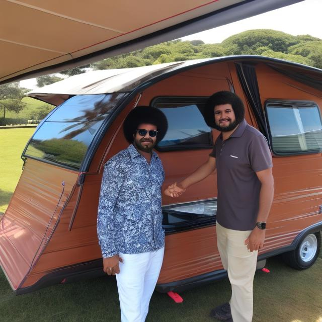 Prompt: Selling caravan awnings to rich people with an afro. 