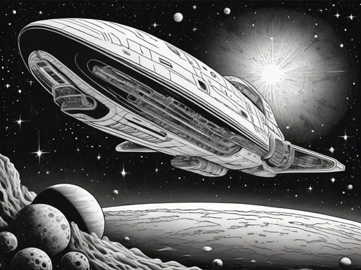 Prompt: black and white, pen and ink, line drawing, coloring page, of a huge Starship that is long and wide, out, in deep space, where there is nothing but stars and a nebula. The starship is traveling towards a star, very far away. very detailed, realistic