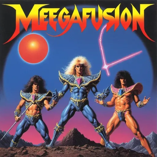 Prompt: Give me 80s metal album covers for a fictional band called "Megafusion"