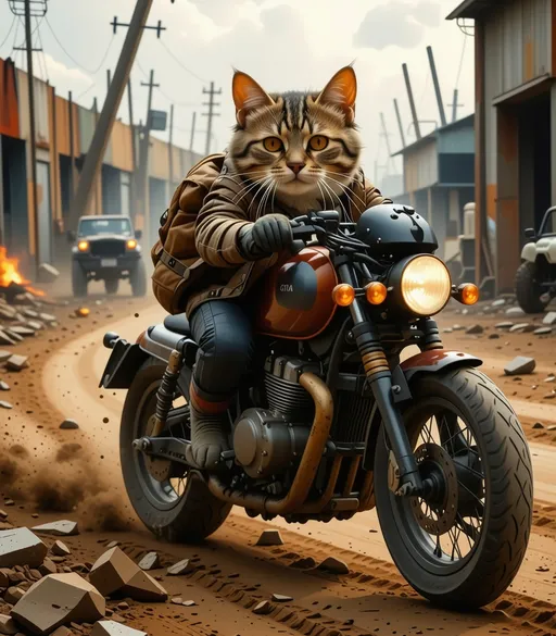 Prompt: Make a picture of Cats driving racing bikes in a Post Apocalyptic world and Shooting each other