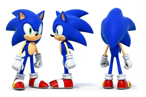 Prompt: A full-body character sheet of 3D cartoon male Sonic the Hedgehog 6cb7c051 with blue fur, green eyes, white gloves, red shoes, distinctive spiky hairstyle displayed in three clear views on a clean white background, arranged in a three-column grid pattern with equal spacing and importance. Left panel: front view showing complete anatomical details and outfit. Center panel: perfect 90-degree side view (profile) clearly showing the character's side silhouette, facial profile, and outfit from a direct lateral perspective. Right panel: back view revealing posterior details Each view maintains consistent scale, lighting, and full-body presentation from head to toe. All three perspectives must be equally detailed and given equal prominence in the composition.