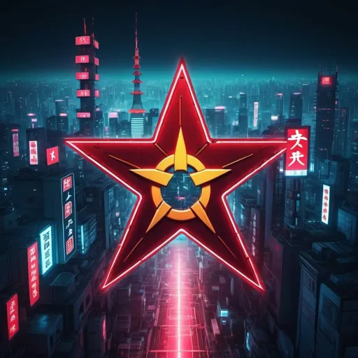 Prompt: Cyberpunk illustration of the Japanese flag with a Chinese communist star, futuristic neon-lit cityscape, high-tech materials, detailed shading and reflections, high quality, cyberpunk style, cool tones, futuristic lighting, detailed design, professional, atmospheric