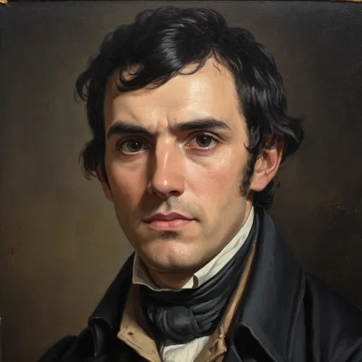 Prompt: oil painting, 1800s, dark background. Man sitting for portrait, close up. dark hair, dark eyes
