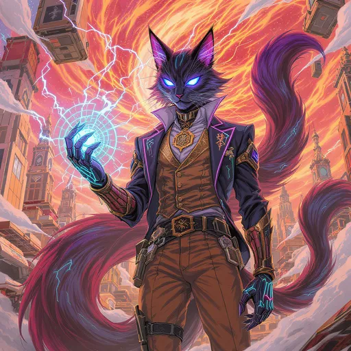 Prompt: Aspetto del personaggio
Testa da Maine Coon con occhi brillanti al neon (magari uno blu e uno viola, stile cybernetic heterochromia)

Grandi orecchie feline con antenne sottili che captano segnali digitali

Coda lunga e folta con circuiti luminescenti intrecciati nel pelo

👔 Abbigliamento
Manteniamo il suo outfit elegante, ma:

Il blazer ha cuciture visibili in fibra ottica

Il gilet è rinforzato con placche leggere in titanio magico

I pantaloni senape hanno rune incise che si illuminano quando usa i suoi poteri

Le scarpe nere sono stivali stealth con propulsione silenziosa

🧬 Elementi fantasy-cyberpunk
Un guanto arcano che può evocare portali o manipolare dati

Un occhio bionico nascosto sotto gli occhiali, capace di analizzare la realtà

Un sigillo magico tatuato sul collo, che lo collega a un’antica stirpe di felini guardiani

🌆 Ambientazione
Una città sospesa tra cielo e terra, con grattacieli fluttuanti e mercati di artefatti magici

Il suo quartier generale? Un attico nascosto dietro un hologram, pieno di libri antichi e server quantistici

💬 Frase iconica
“Nel codice c’è la verità. Nel pelo, la potenza.”

Se vuoi, possiamo anche dargli un nome da manga e creare la copertina del suo primo volume. Vuoi che sia un eroe solitario, un detective arcano, o il capo di una gilda segreta?