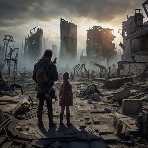 Prompt: man and daughter look over the post apocalyptic wreckage of a city that a plague has destroyed