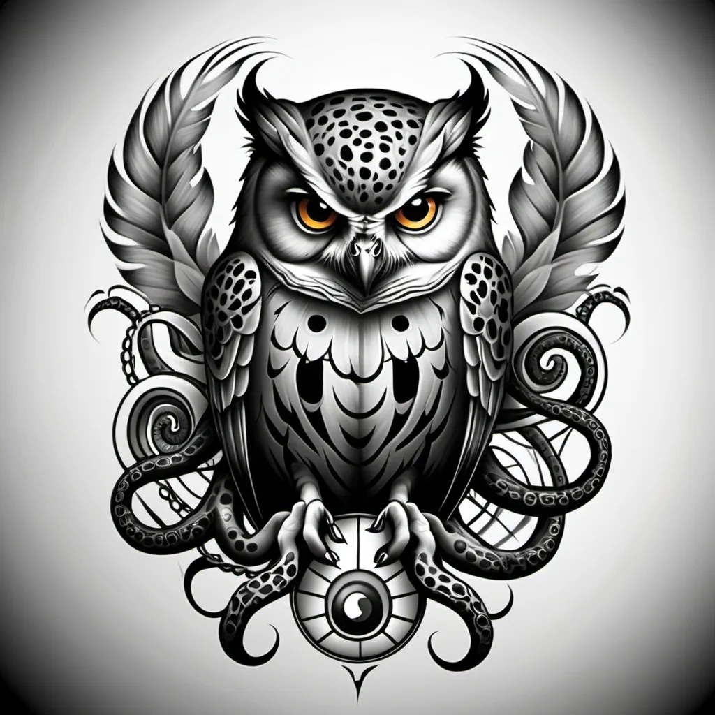 Prompt: create tattoo that contains hawk, owl, octopus, leopard, spider