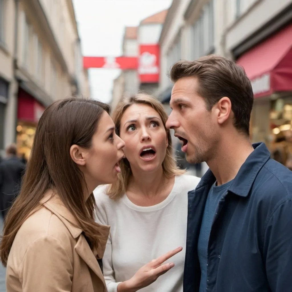 Prompt: couple looking at each other with a slide surprised expression in side of a shopping street, as if to say, 'What's going on here?