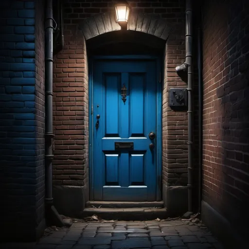 Prompt: (Blue door), mysterious and enchanting details, dark alley surrounded by shadowy brick walls, muted colors, moody atmosphere, cool-toned lighting creating an air of suspense, subtle textures of the walls, faint light illuminating the doorway, high quality, ultra-detailed, evocative and atmospheric scene.