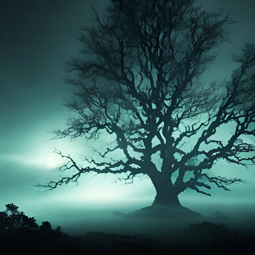 Prompt: An overarching image that encapsulates the eerie and ethereal nature of the supernatural world. This could include a spectral moon casting an otherworldly glow over a dark, haunted landscape filled with ghostly apparitions.