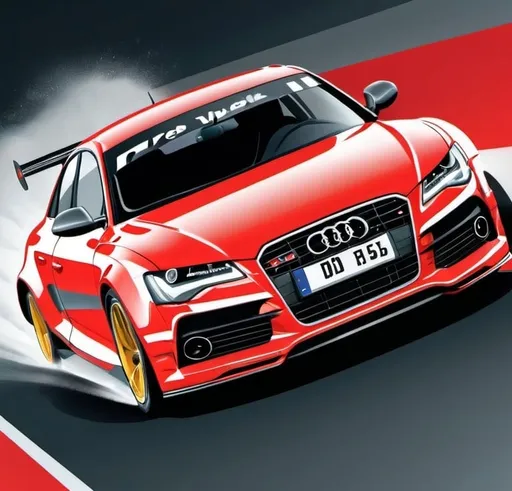 Prompt: A poster of audi car, burst colours front side view, driving on race track, poster art, vector,
