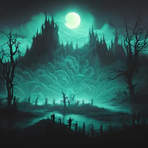 Prompt: a spectral moon casting an otherworldly glow over a dark, haunted landscape filled with ghostly apparitions.
