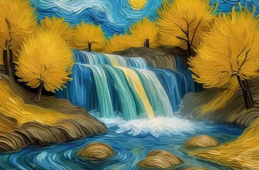 Prompt: vẽ cho tôi bức tranh về phong cảnh  thác nước phong cách Van Gogh