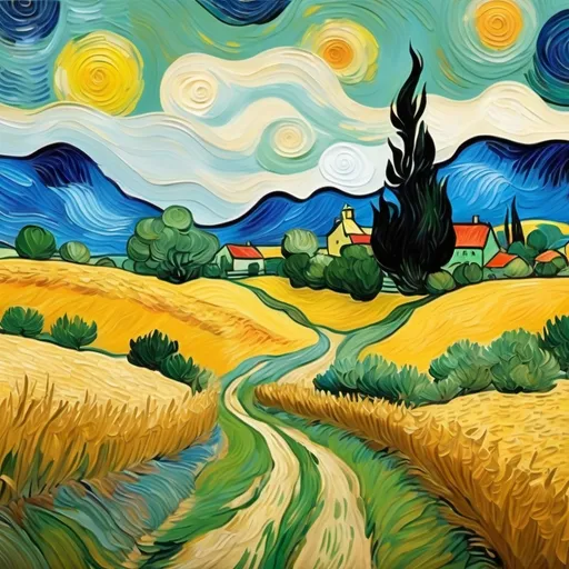 Prompt: vẽ cho tôi bức tranh về phong cảnh cánh đồng quê phong cách Van Gogh