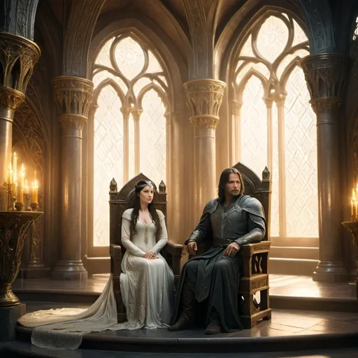 Prompt: Arwen and Aragorn sitting on the throne, epic fantasy setting, opulent throne room, majestic, intricate medieval architecture, *grandiose* golden and white tones, dramatic, mystical atmosphere, rays of light streaming through high arched windows, ethereal glow, royal and powerful presence, detailed facial features, elegant attire, high definition, ultra-detailed, 4K resolution, vibrant colors, cinematic masterpiece.