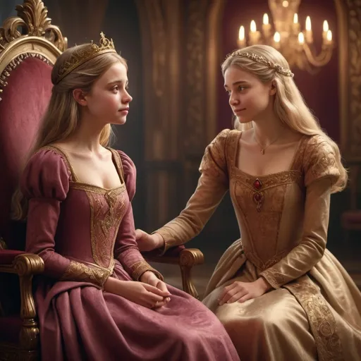 Prompt: Queen showing kindness towards a teenage girl, teenage girl with (brown hair), wearing a pretty dusty rose dress, queen with (blonde hair), wearing a dark red and gold dress, (empathetic expression), warm and inviting atmosphere, soft and glowing lighting, vibrant and rich color tones, elegant medieval background, ornate throne room, high detail, ultra-realistic, 4K, highly detailed fabric textures, emotional depth, cinematic quality.