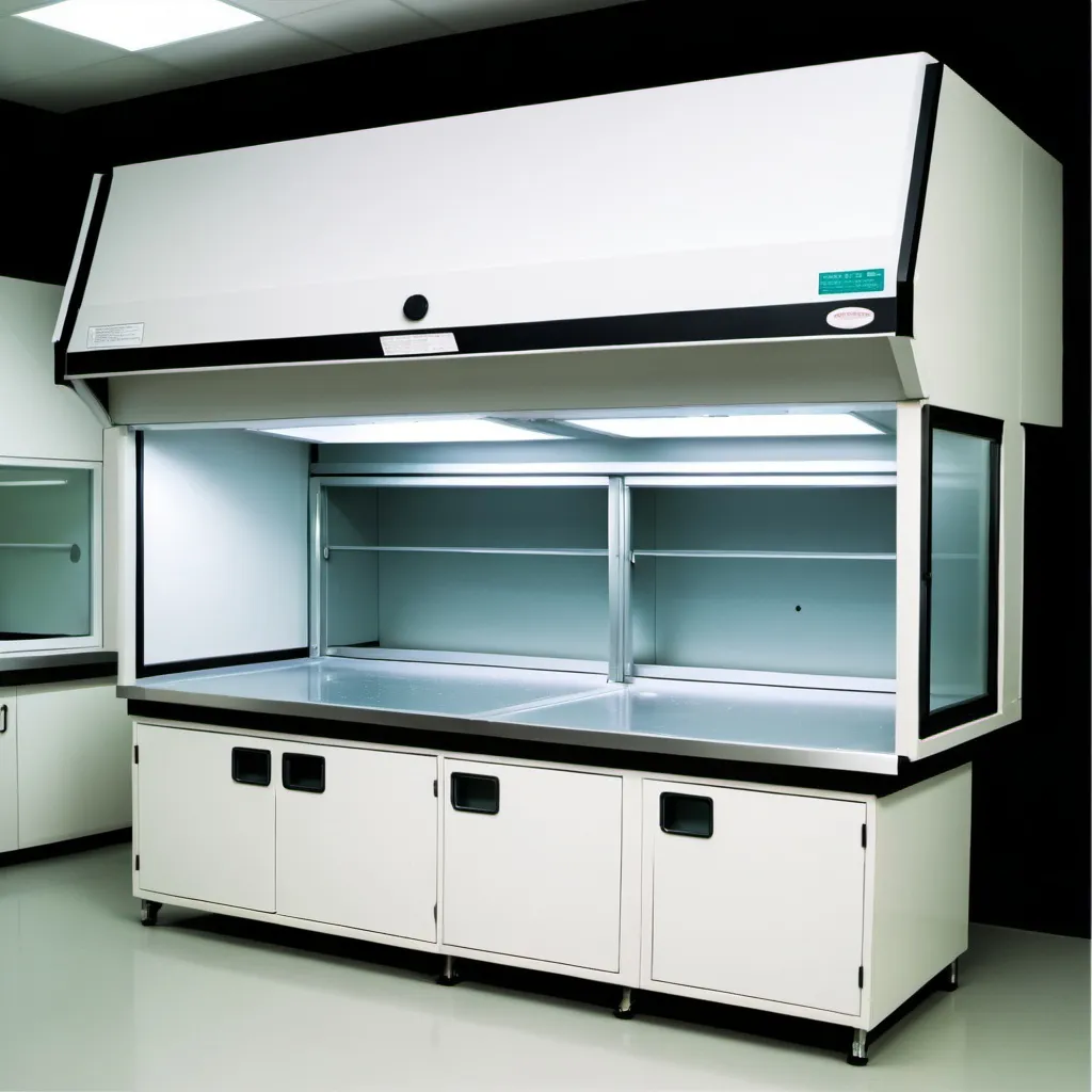 Prompt: A wet clean fume hood.
The hood features sliding doors that can move up and down.
The fume hood has four slots, with two of them measuring 50 cm in depth, 40 cm in length, and 20 cm in width, while the other two slots measure 20 cm by 20 cm. Inside the desktop, there are four square holes vertically downward, with two measuring 50 cm in depth, 40 cm in length, and 20 cm in width, while the other two measure 20 cm by 20 cm.