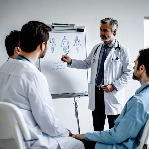 Prompt: doctor teach other doctors in hospital meeting room on a white board