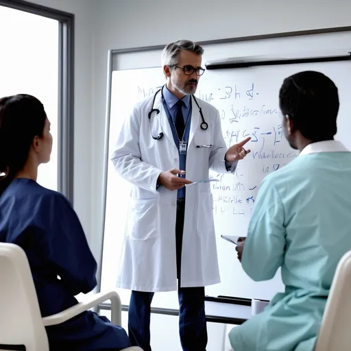 Prompt: doctor teach other doctors in hospital meeting room on a white board