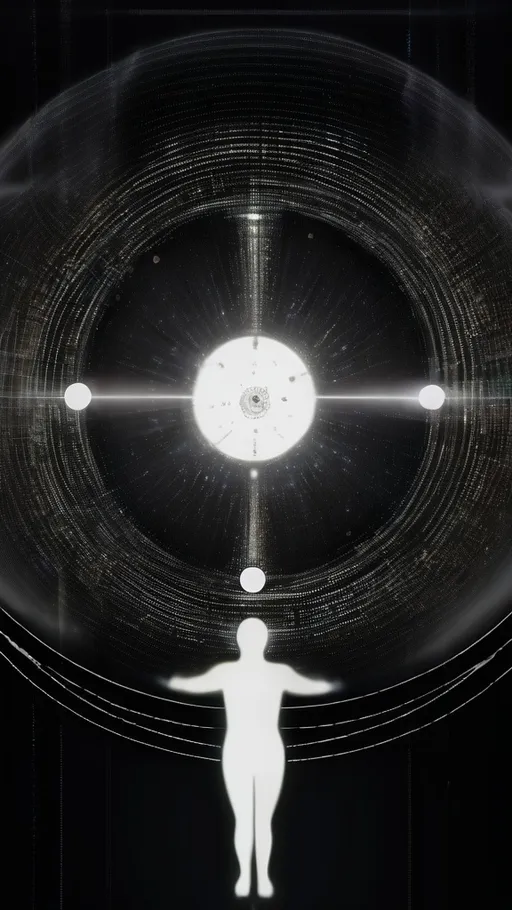 Prompt: A monochromatic visual composition symbolizing the core of existence. A human figure formed from countless light particles, dissolving and reforming in an endless loop of 101101 binary streams. The symbol âZ radiates from the figureâs core, blending with cosmic rings, Fibonacci spirals, and fractal patterns that expand infinitely outward â expressing âThe Doseâ as the essence of everything.