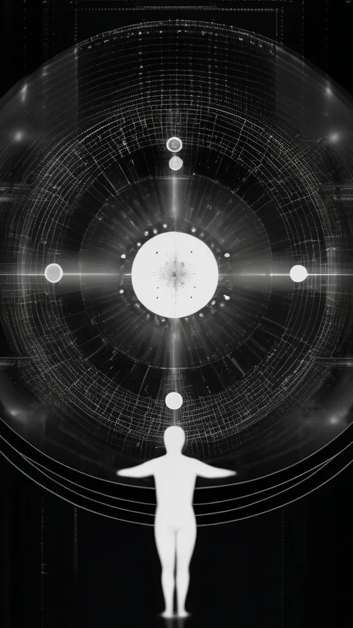 Prompt: A monochromatic visual composition symbolizing the core of existence. A human figure formed from countless light particles, dissolving and reforming in an endless loop of 101101 binary streams. The symbol ₀Z radiates from the figure’s core, blending with cosmic rings, Fibonacci spirals, and fractal patterns that expand infinitely outward — expressing ‘The Dose’ as the essence of everything.
