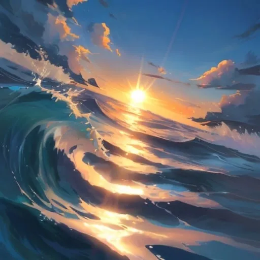 Prompt: sea surface splashing anime sun on top right side