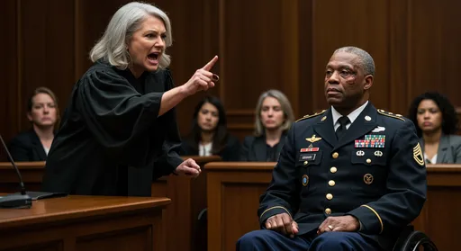 Prompt: A tense courtroom scene. A stern female judge with silver hair, wearing a black robe, is angrily yelling from the bench. Her hand is raised in a commanding gesture. In front of her, a Black military veteran in his late 50s sits in a wheelchair, wearing a faded but neatly pressed dress uniform with medals. His face is calm but wounded, emotionally and physically. The courtroom is dimly lit with wooden panels and shocked spectators in the background.





