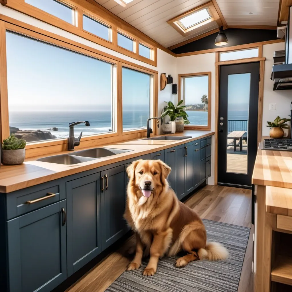 Prompt: Create a photorealistic and high - resolution photo of a hovawart in a posh tiny house in Laguna Beach. The posh Laguna Beach district and the ocean are on either side. Render the entire scene in a photorealistic style, with rich textures and photorealistic.