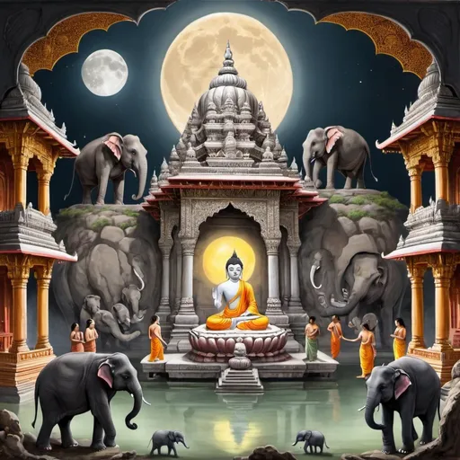 Prompt: birth of a buddha, with a marble temple above a full moon in India, and elephants