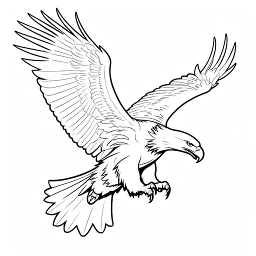 Prompt: B&W coloring book page, flying eagle, line art, solid white background